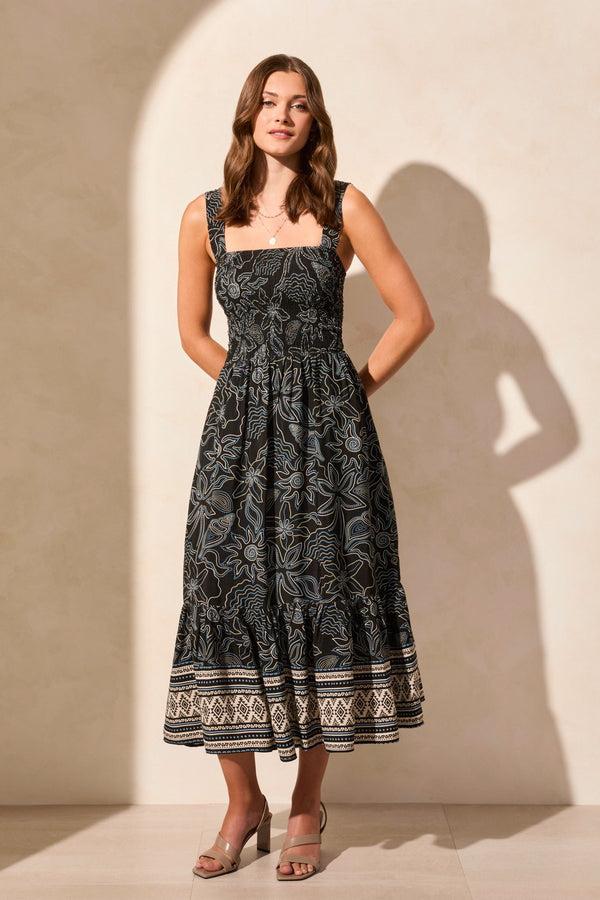 tribal Robe Sans Manches En Crêpe Imprimé À Encolure Carrée Et Froncée