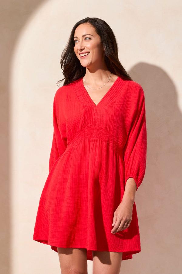 tribal Robe À Manches Bouffantes Smockées