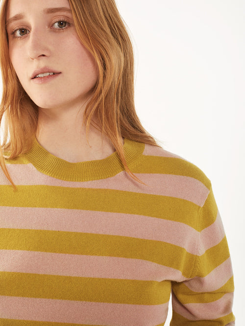 Tricot Col Rond Cachemire Et Coton Jaune Et Rose Femme – Tricot