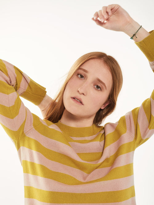 Tricot Col Rond Cachemire Et Coton Jaune Et Rose Femme – Tricot
