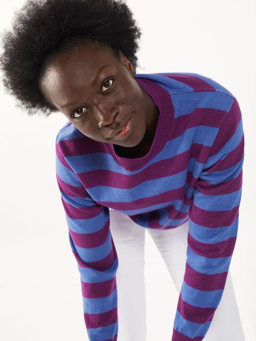 Tricot Col Rond Cachemire Et Coton Magenta Et Indigo Femme – Tricot
