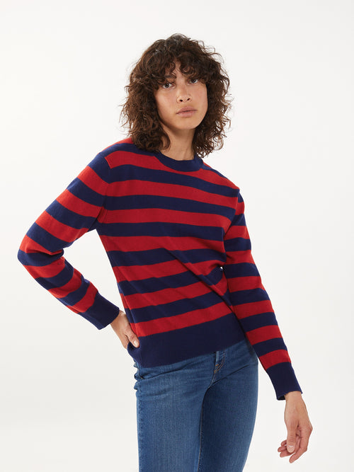 Tricot Col Rond Cachemire Et Coton Marine Et Rouge Femme – Tricot