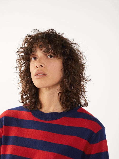 Tricot Col Rond Cachemire Et Coton Marine Et Rouge Femme – Tricot