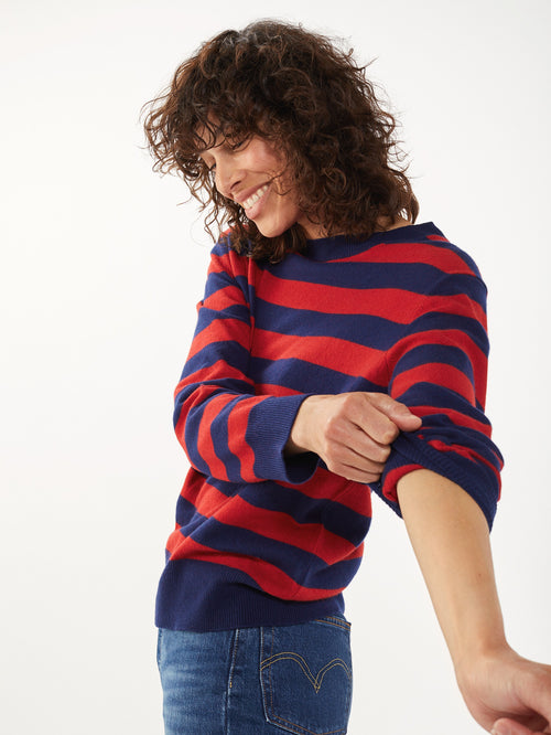Tricot Col Rond Cachemire Et Coton Marine Et Rouge Femme – Tricot