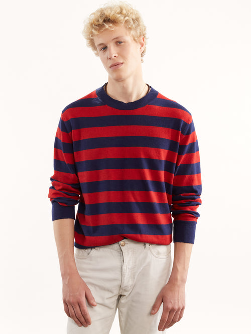 Tricot Col Rond Cachemire Et Coton Marine Et Rouge Homme – Tricot