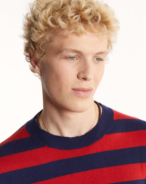 Tricot Col Rond Cachemire Et Coton Marine Et Rouge Homme – Tricot