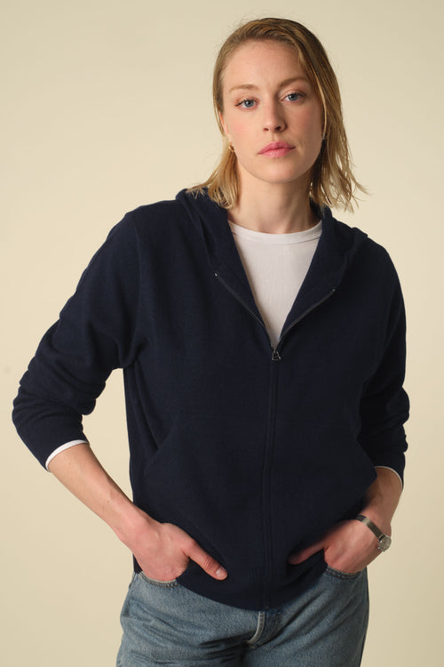 Tricot Hoodie Cachemire Léger Marine Foncé Femme – Tricot