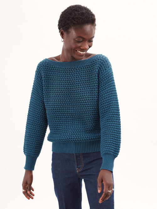Tricot Pull Col Bateau En Coton Bio Bleu Femme – Tricot