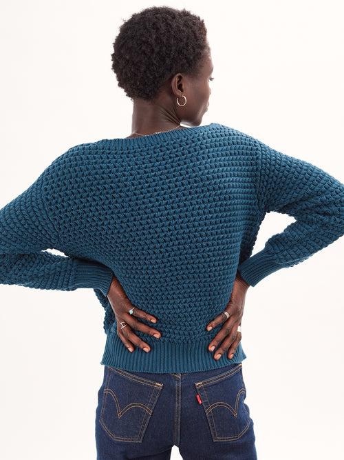 Tricot Pull Col Bateau En Coton Bio Bleu Femme – Tricot