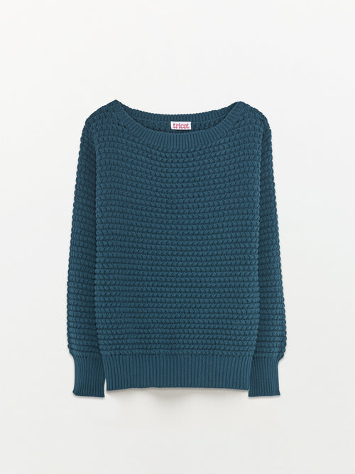 tricot Pull col bateau en coton bio Bleu Femme – Tricot