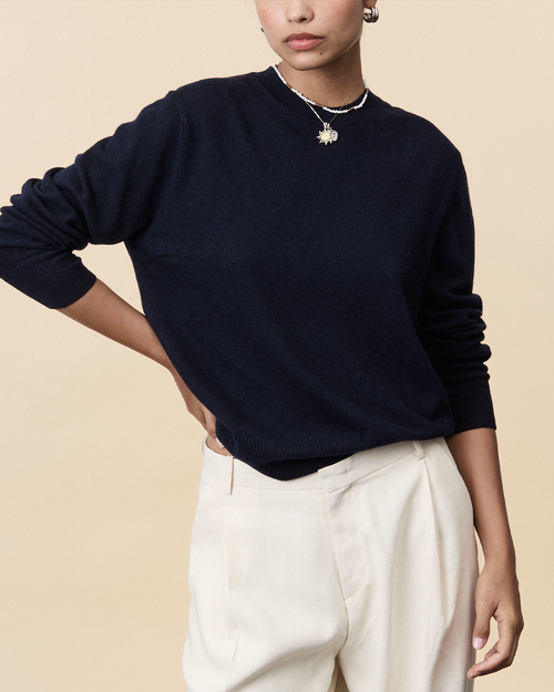 Tricot Pull Col Rond Cachemire Léger Marine Foncé Femme – Tricot