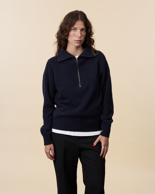 tricot Pull col zippé en cachemire Marine foncé Femme – Tricot