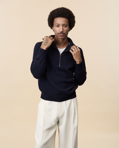 Tricot Pull Col Zippé En Cachemire Marine Foncé Homme – Tricot