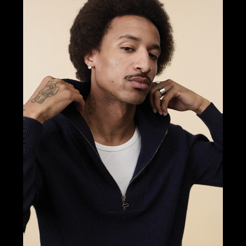 Tricot Pull Col Zippé En Cachemire Marine Foncé Homme – Tricot