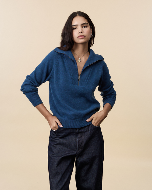 tricot Pull col zippé en cachemire Océan Femme – Tricot