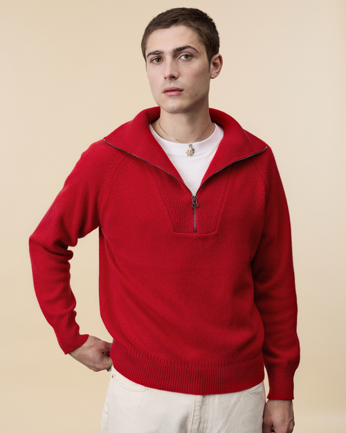 Tricot Pull Col Zippé En Cachemire Rouge Homme – Tricot
