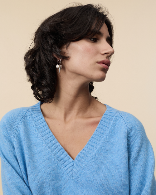 Tricot Col V En Cachemire Bleu Nina Femme – Tricot