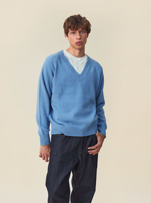 Tricot Col V En Cachemire Bleu Nina Homme – Tricot