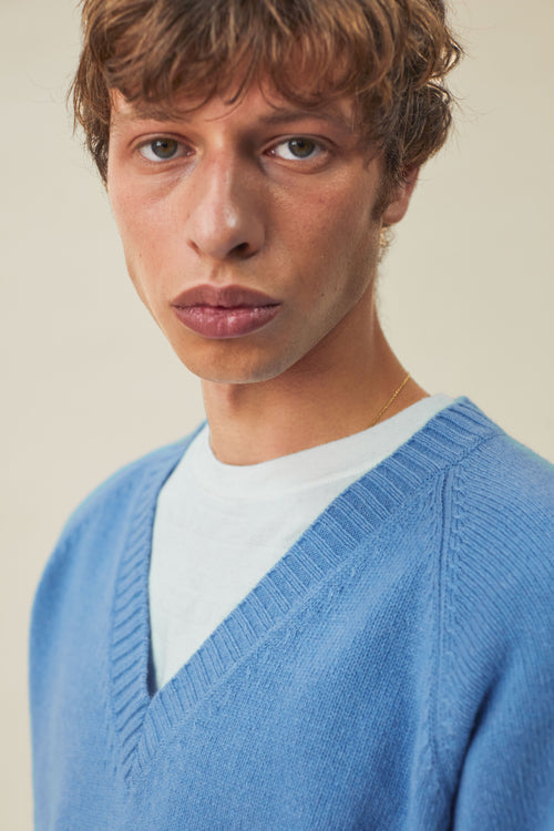 tricot Col V en cachemire bleu Nina homme – Tricot