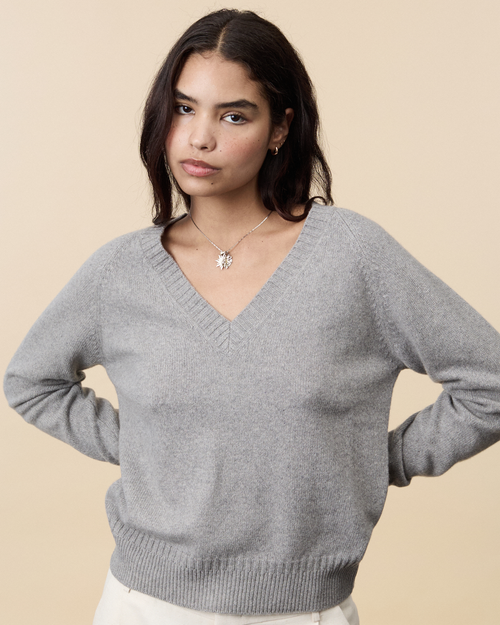 tricot Col V en cachemire Gris Femme – Tricot
