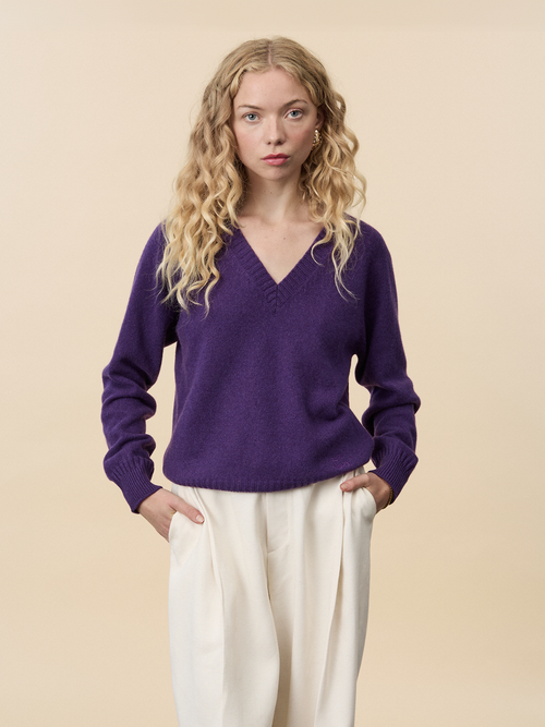 Tricot Col V En Cachemire Léo Purple Femme – Tricot
