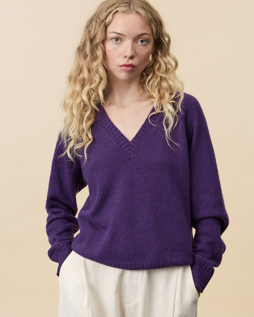 tricot Col V en cachemire Léo Purple femme – Tricot