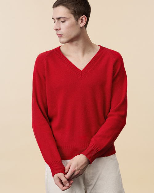 Tricot Col V En Cachemire Rouge Homme – Tricot