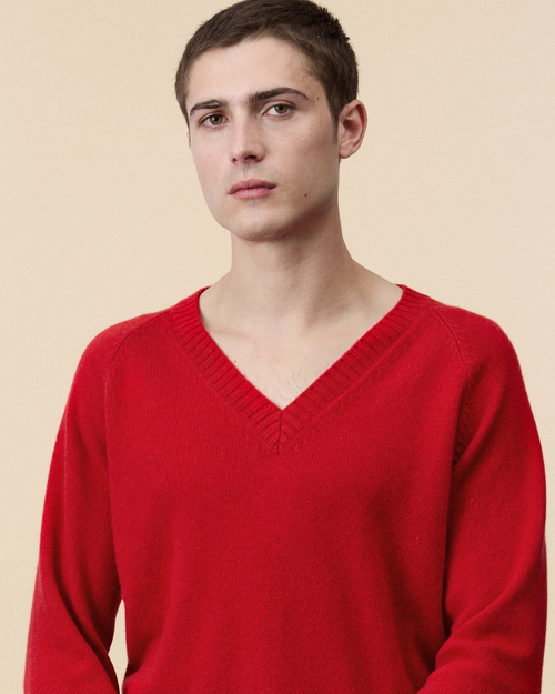 Tricot Col V En Cachemire Rouge Homme – Tricot