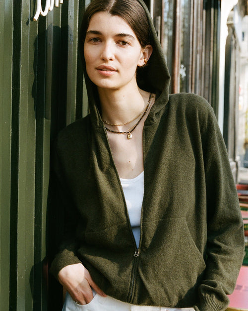 tricot Hoodie cachemire léger Kaki femme – Tricot