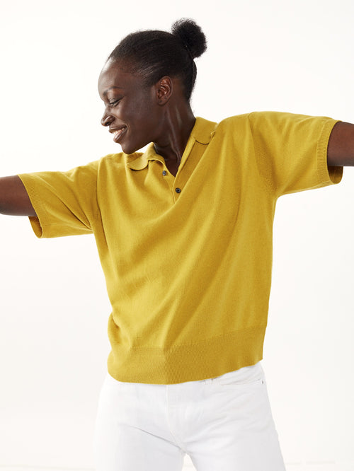 Tricot Polo Cachemire Et Coton Jaune Femme – Tricot