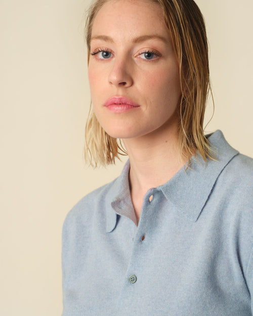 Tricot Polo Cachemire Léger Bleu Ciel Femme – Tricot