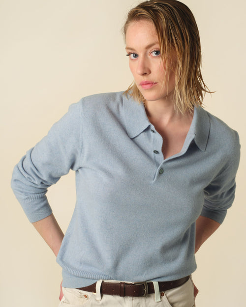 tricot Polo cachemire léger Bleu ciel femme – Tricot