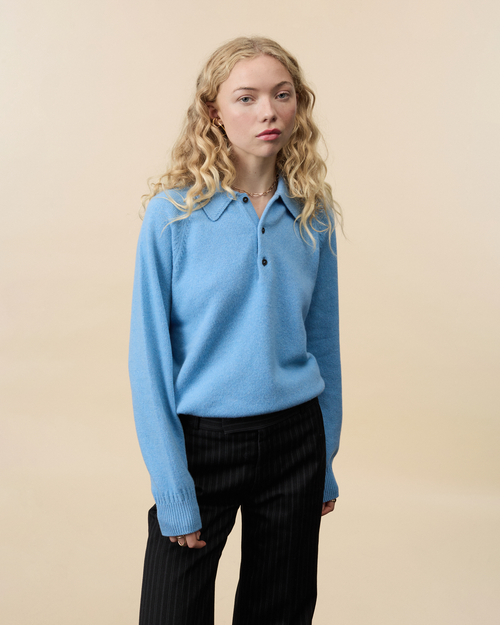 Tricot Polo En Cachemire Bleu Nina Femme – Tricot