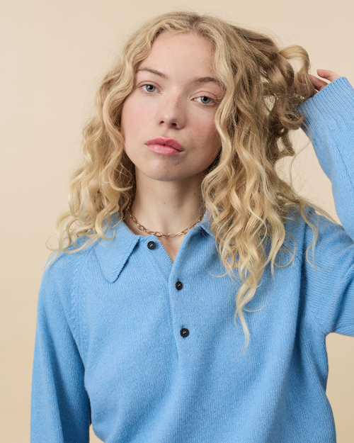 Tricot Polo En Cachemire Bleu Nina Femme – Tricot