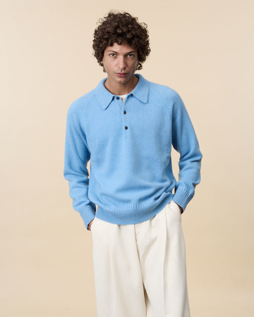 Tricot Polo En Cachemire Bleu Nina Homme – Tricot
