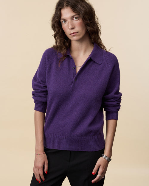 Tricot Polo En Cachemire Léo Purple Femme – Tricot