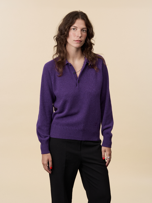 tricot Polo en cachemire Léo Purple Femme – Tricot