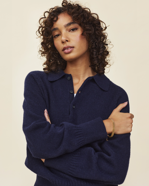 Tricot Polo En Cachemire Marine Foncé Femme – Tricot