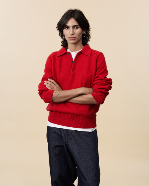 Tricot Polo En Cachemire Rouge Femme – Tricot
