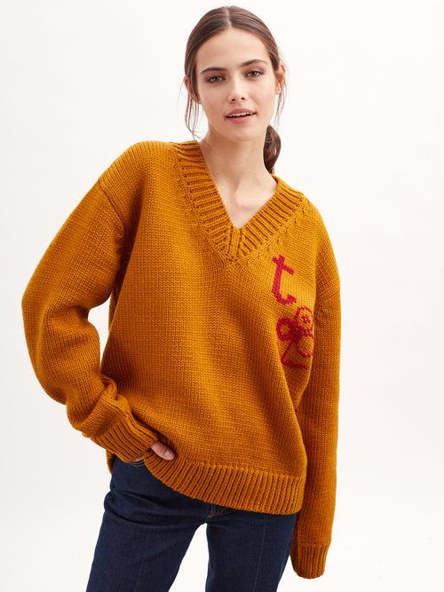 Tricot Pull Col V Tricot Main Ocre Femme – Tricot