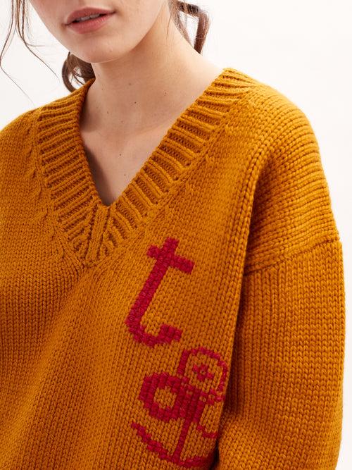 Tricot Pull Col V Tricot Main Ocre Femme – Tricot