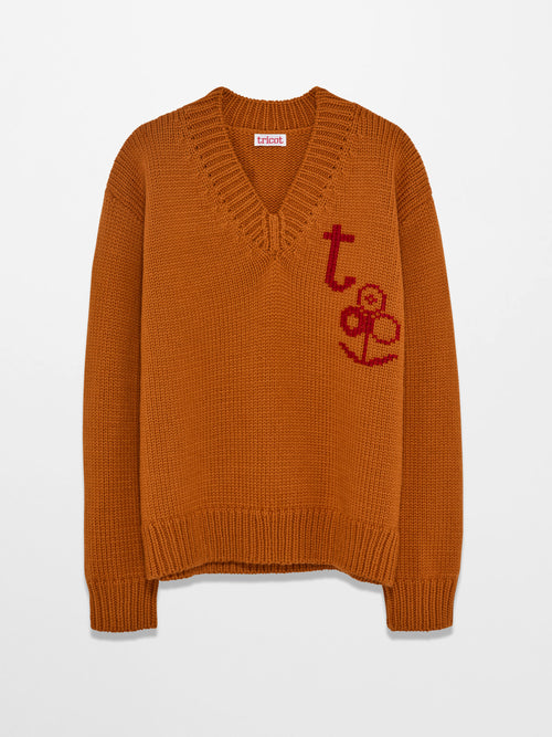 tricot Pull col V tricot main Ocre Femme – Tricot