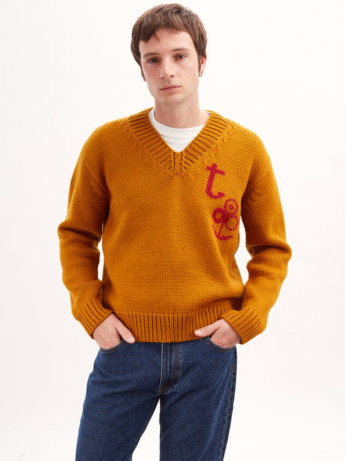 Tricot Pull Col V Tricot Main Ocre Homme – Tricot