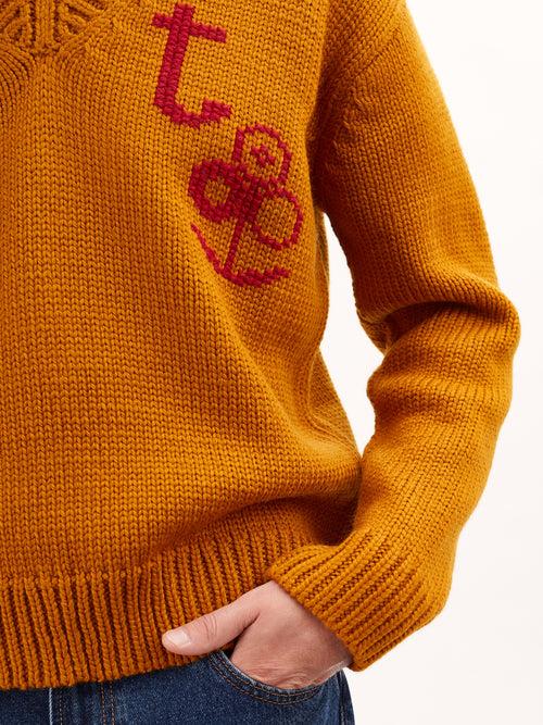 Tricot Pull Col V Tricot Main Ocre Homme – Tricot