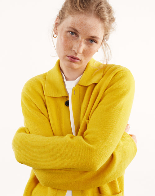 Tricot Veste Worker Laine Bio Jaune Femme – Tricot