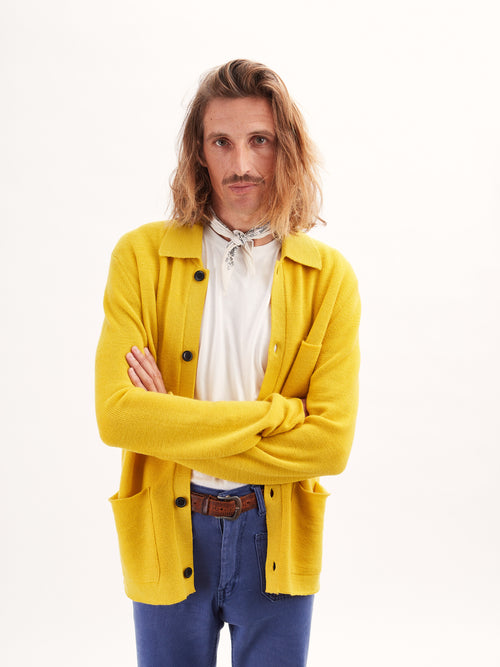 Tricot Veste Worker Laine Bio Jaune Homme – Tricot