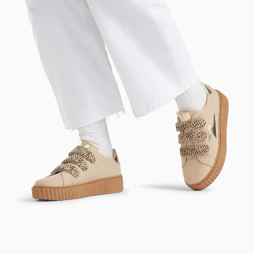 Vanessa Wu Baskets éclair Aby Beige Et Or Et à Scratchs Guépard