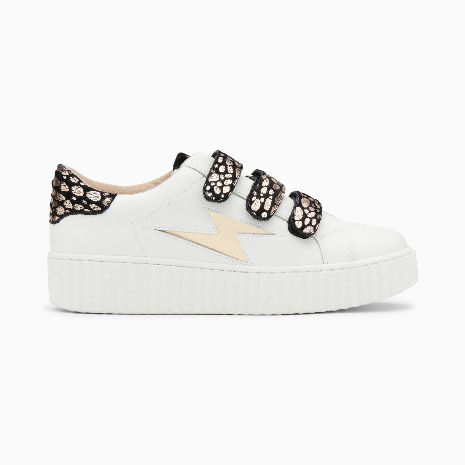 vanessa wu Baskets éclair Daisy blanc et or à scratchs léopard
