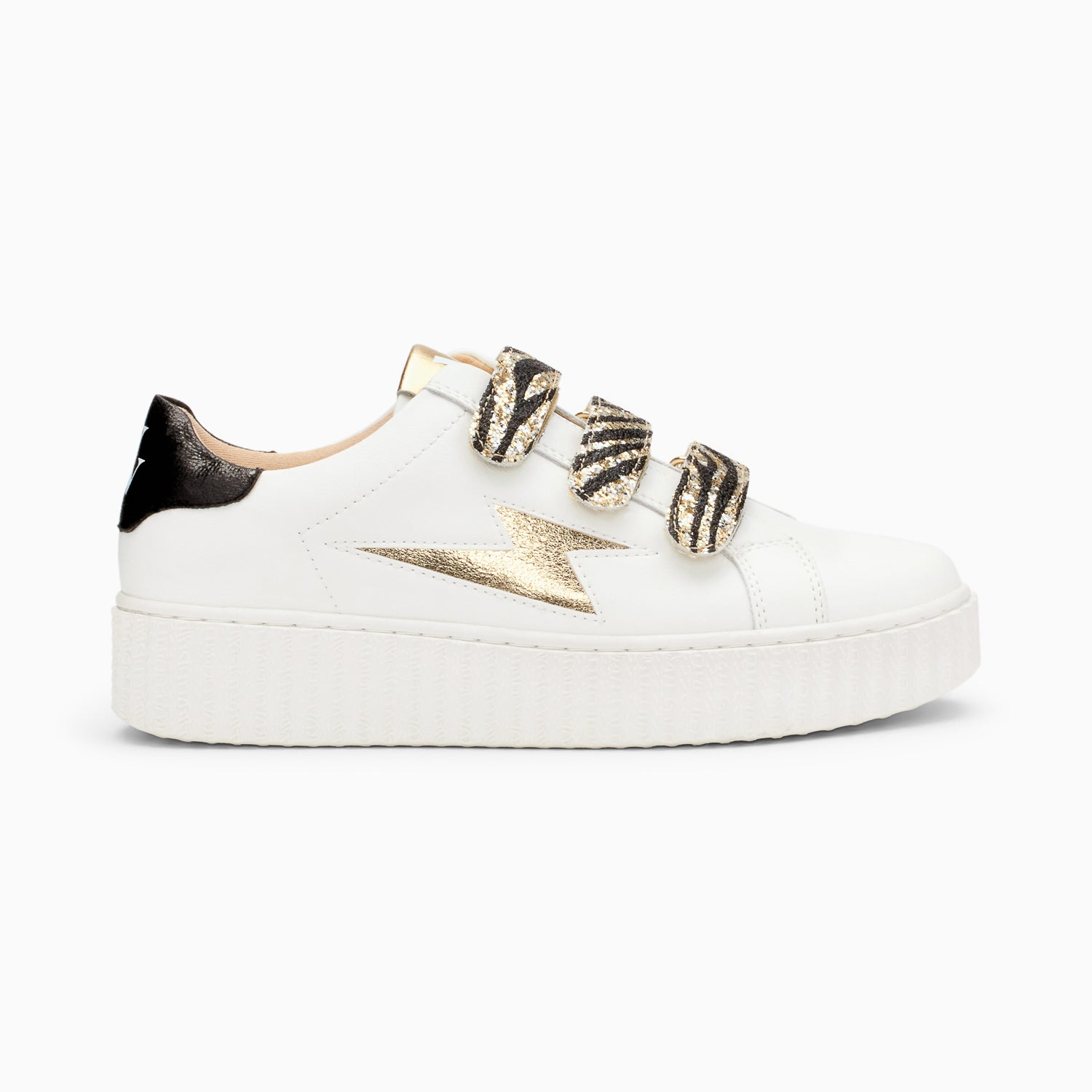 vanessa wu Baskets éclair Dorianne blanc et or à scratchs zèbre