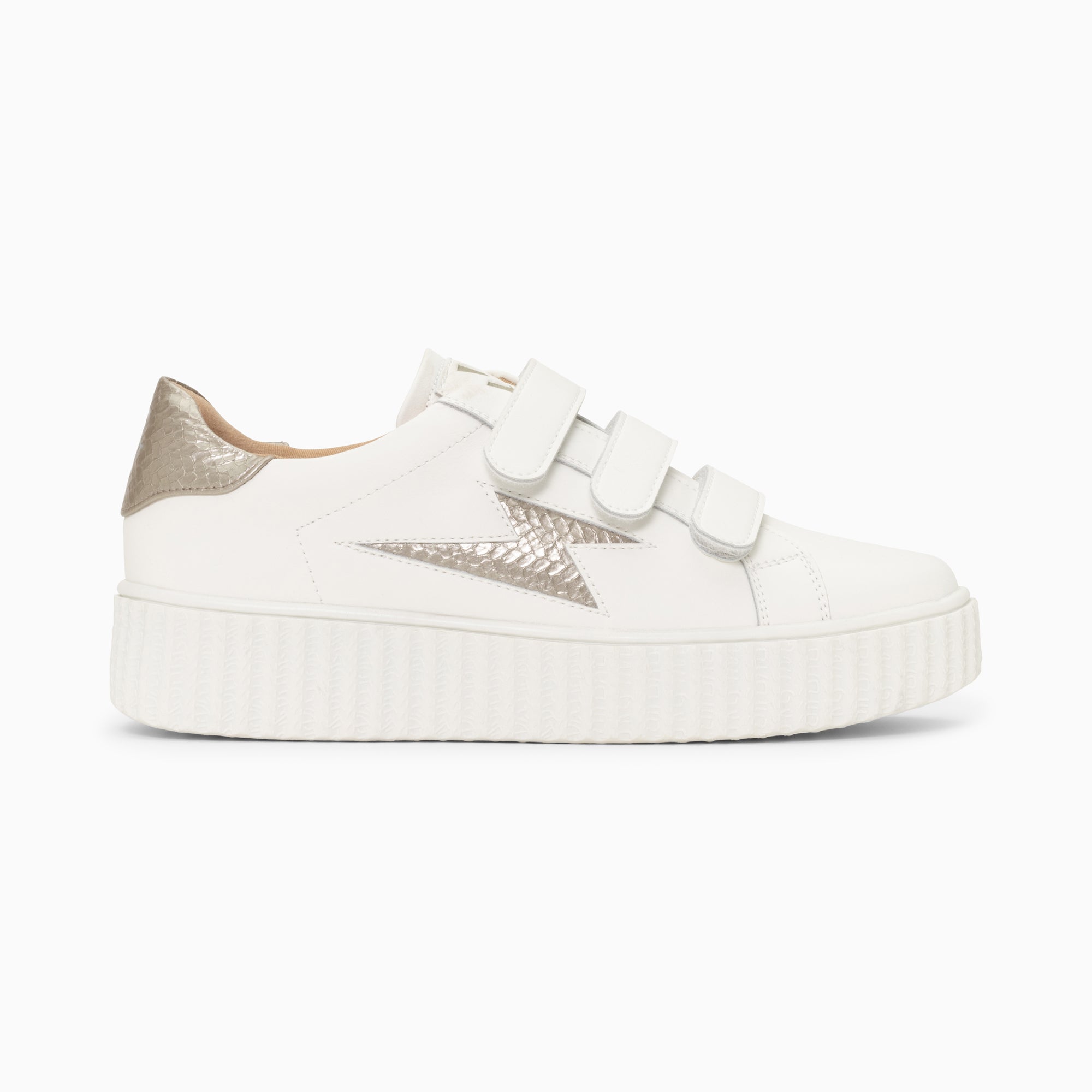 vanessa wu Baskets éclair Eva blanc et taupe serpent à scratchs